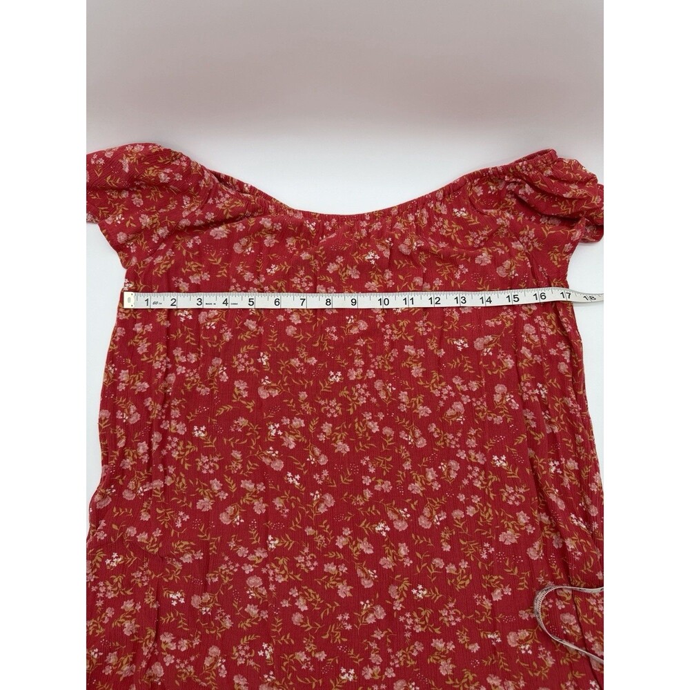 Boho Red Floral Mini Dress L Cottagecore Flutter Sleeve Peasant Ruffle Prairie - Picture 7 of 8
